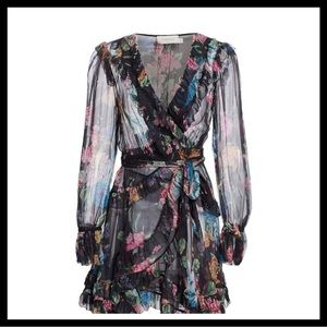 💜🖤ZIMMERMANN NinetySix Frill WrapDress Black Blossom 🖤💜
